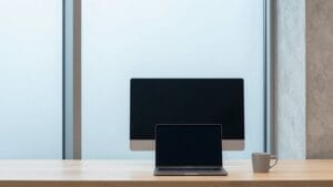 Bureau de trading près d'une baie vitrée, écran éteint de dos, ambiance froide cyan et blanche