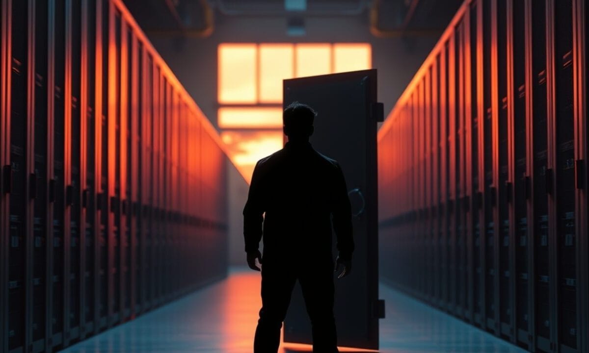 Porte de coffre-fort entrouverte dans une salle de serveurs vide, éclairage corail au coucher du soleil.