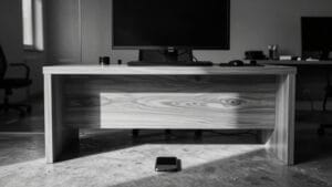 Bureau en métal brossé, écran éteint de dos et smartphone posé face contre la table