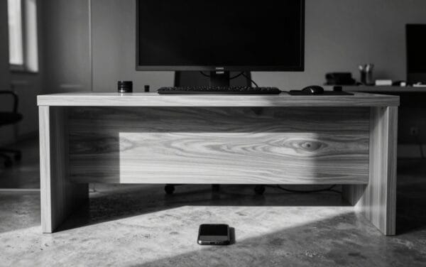 Bureau en métal brossé, écran éteint de dos et smartphone posé face contre la table