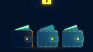 Illustration éditoriale de trois hardware wallets crypto stylisés sur fond sombre