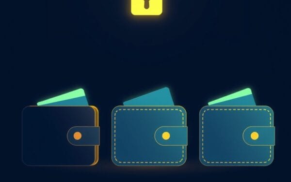 Illustration éditoriale de trois hardware wallets crypto stylisés sur fond sombre