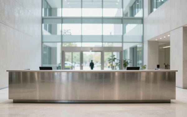 Hall d'un immeuble financier moderne, béton clair et verre, silhouette lointaine de dos