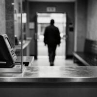 Guichet de transfert d'argent en noir et blanc, comptoir métallique, silhouette de dos au loin