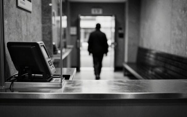 Guichet de transfert d'argent en noir et blanc, comptoir métallique, silhouette de dos au loin