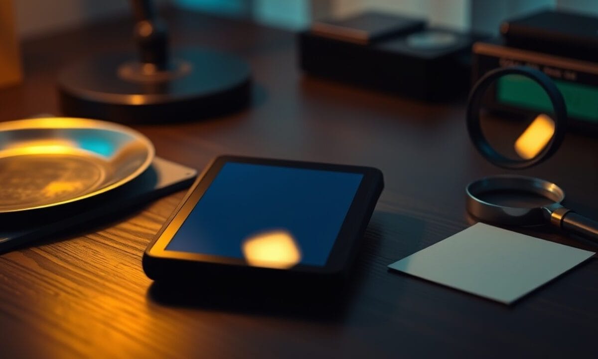 Trezor Safe 3, Safe 5 ou Safe 7 : quel Trezor choisir en 2026 ? 1 Portefeuille matériel posé sur un bureau à côté d'une plaque métallique