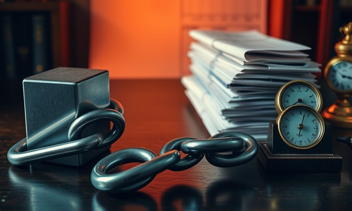 Chainlink (LINK) : à quoi sert ce réseau d'oracles, et ses limites 1 Maillon de chaîne en acier reliant un cube métallique à des registres comptables sur un bureau sombre