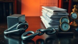 Maillon de chaîne en acier reliant un cube métallique à des registres comptables sur un bureau sombre
