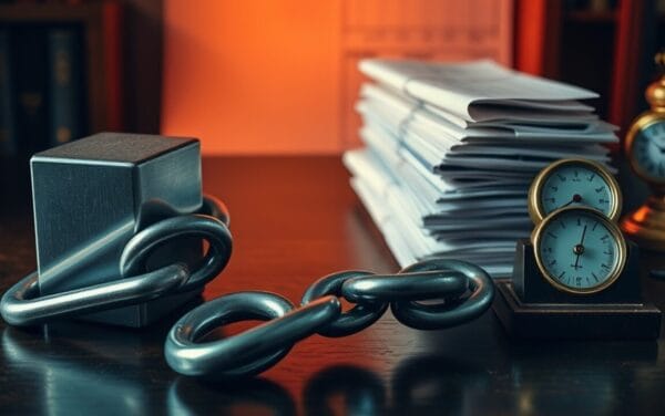 Maillon de chaîne en acier reliant un cube métallique à des registres comptables sur un bureau sombre