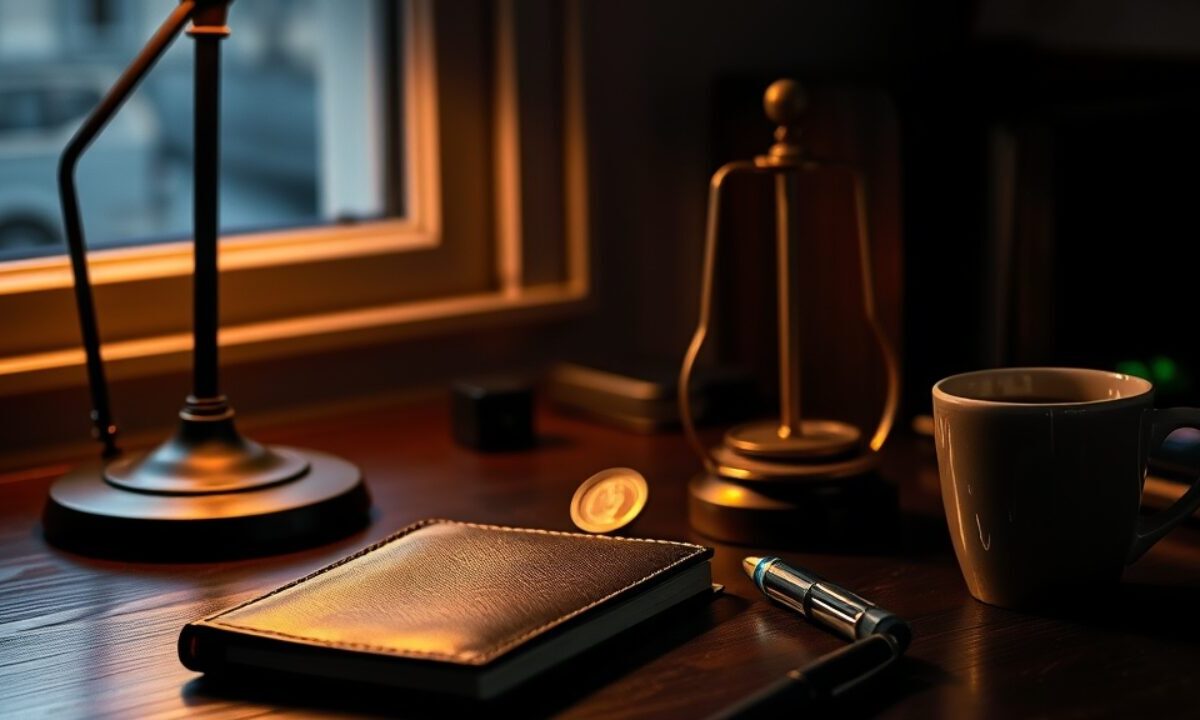 Bureau avec portefeuille matériel, carnet et balance, illustration d'un avis sur Coinbase en France