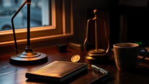 Coinbase avis 2026 : frais, agrément MiCA et limites pour un Français 11 Bureau avec portefeuille matériel, carnet et balance, illustration d'un avis sur Coinbase en France