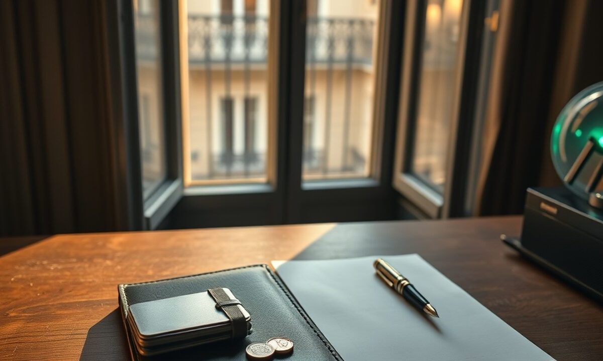 Bureau parisien avec portefeuille crypto physique, pièces en euros et carnet, illustrant un avis sur Coinhouse