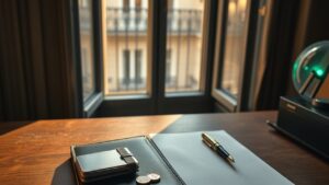 Coinhouse avis 2026 : frais, agrément MiCA, limites et alternatives 7 Bureau parisien avec portefeuille crypto physique, pièces en euros et carnet, illustrant un avis sur Coinhouse