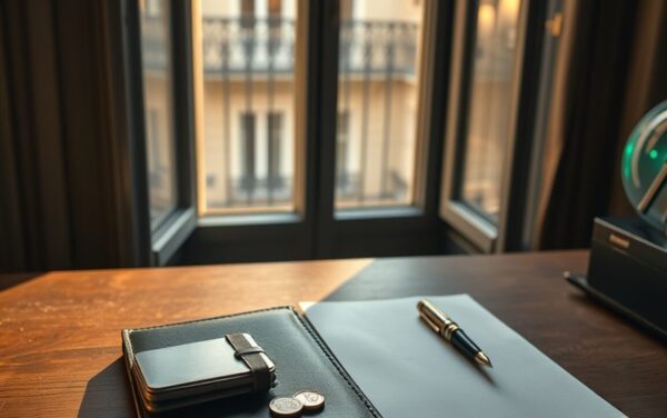 Bureau parisien avec portefeuille crypto physique, pièces en euros et carnet, illustrant un avis sur Coinhouse