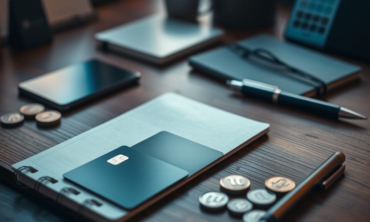 Carte de paiement métallique, pièces symbolisant des crypto-actifs et carnet posés sur un bureau en bois