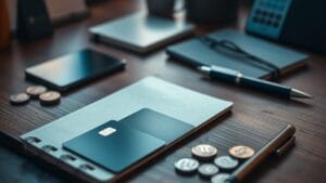 Carte de paiement métallique, pièces symbolisant des crypto-actifs et carnet posés sur un bureau en bois