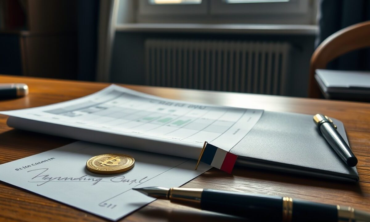 ETF crypto : peut-on en acheter depuis la France et à quel prix ? 1 Bureau avec ordre de bourse imprimé, pièce dorée style bitcoin et drapeau français, illustrant les ETF crypto en France