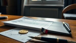 ETF crypto : peut-on en acheter depuis la France et à quel prix ? 18 Bureau avec ordre de bourse imprimé, pièce dorée style bitcoin et drapeau français, illustrant les ETF crypto en France