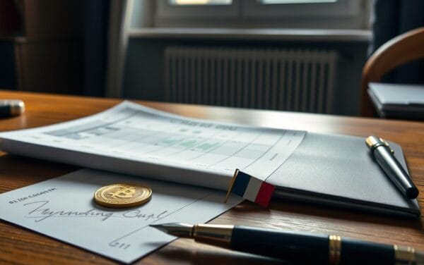 Bureau avec ordre de bourse imprimé, pièce dorée style bitcoin et drapeau français, illustrant les ETF crypto en France