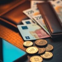 Pièces et billets en euros posés près d'un smartphone et d'une carte de paiement sur un bureau sombre