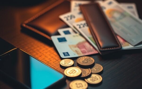 Pièces et billets en euros posés près d'un smartphone et d'une carte de paiement sur un bureau sombre