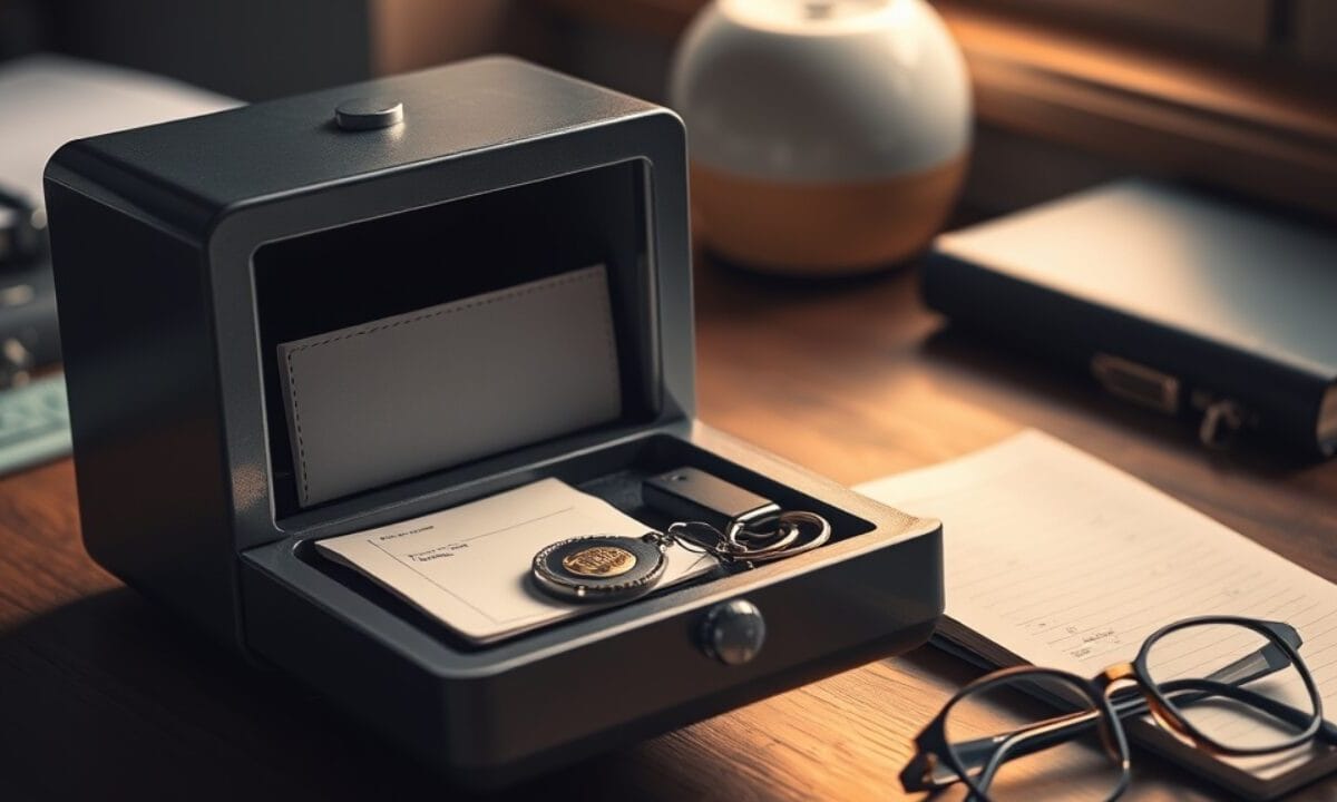 Gestionnaire de mots de passe : protéger vos comptes crypto et e-mail 1 Petit coffre-fort ouvert sur un bureau avec un portefeuille matériel et une clé de sécurité USB