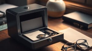 Gestionnaire de mots de passe : protéger vos comptes crypto et e-mail 10 Petit coffre-fort ouvert sur un bureau avec un portefeuille matériel et une clé de sécurité USB