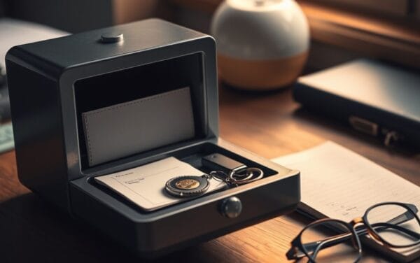 Petit coffre-fort ouvert sur un bureau avec un portefeuille matériel et une clé de sécurité USB