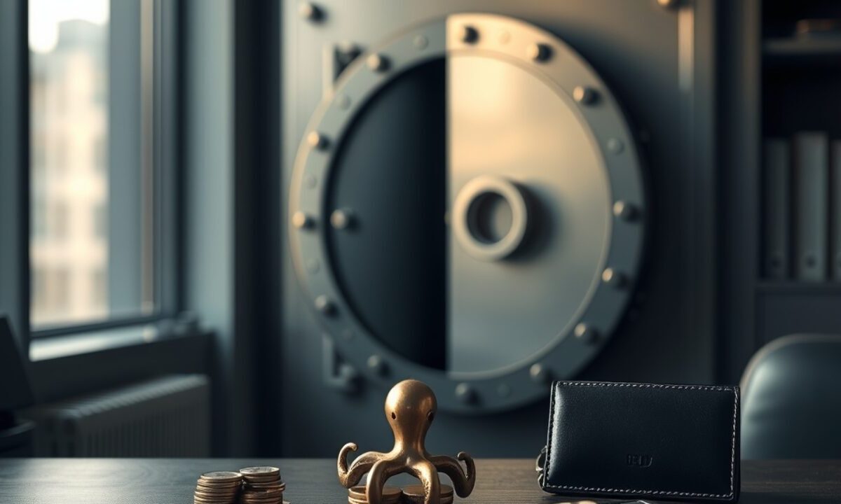 Kraken avis 2026 : frais, agrément MiCA et limites pour un Français 1 Porte de coffre-fort entrouverte, presse-papier en forme de pieuvre, pièces en euros et portefeuille matériel sur un bur