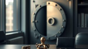 Kraken avis 2026 : frais, agrément MiCA et limites pour un Français 3 Porte de coffre-fort entrouverte, presse-papier en forme de pieuvre, pièces en euros et portefeuille matériel sur un bur
