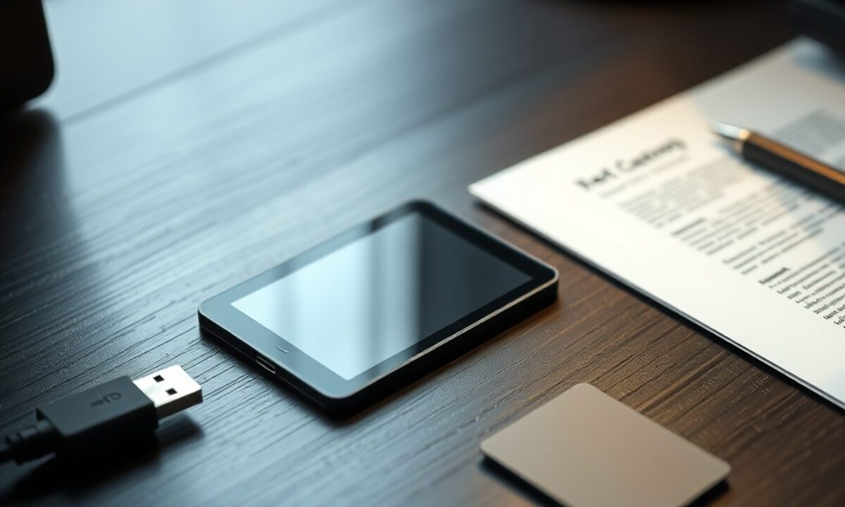 Ledger Flex posé sur un bureau avec une feuille de récupération et un câble USB-C