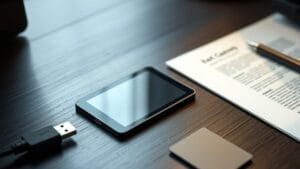 Ledger Flex : avis, écran tactile sécurisé, limites et pour qui 15 Ledger Flex posé sur un bureau avec une feuille de récupération et un câble USB-C