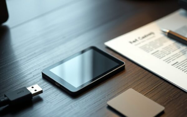 Ledger Flex posé sur un bureau avec une feuille de récupération et un câble USB-C