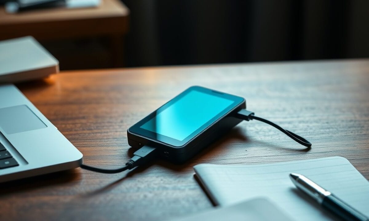 Ledger Live devient Ledger Wallet : l'installer sans se faire piéger 1 Portefeuille matériel relié par câble USB à un ordinateur portable fermé, carnet papier posé sur un bureau en bois