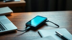 Portefeuille matériel relié par câble USB à un ordinateur portable fermé, carnet papier posé sur un bureau en bois