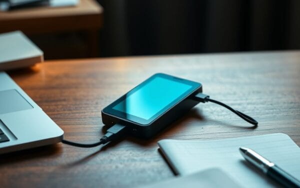 Portefeuille matériel relié par câble USB à un ordinateur portable fermé, carnet papier posé sur un bureau en bois