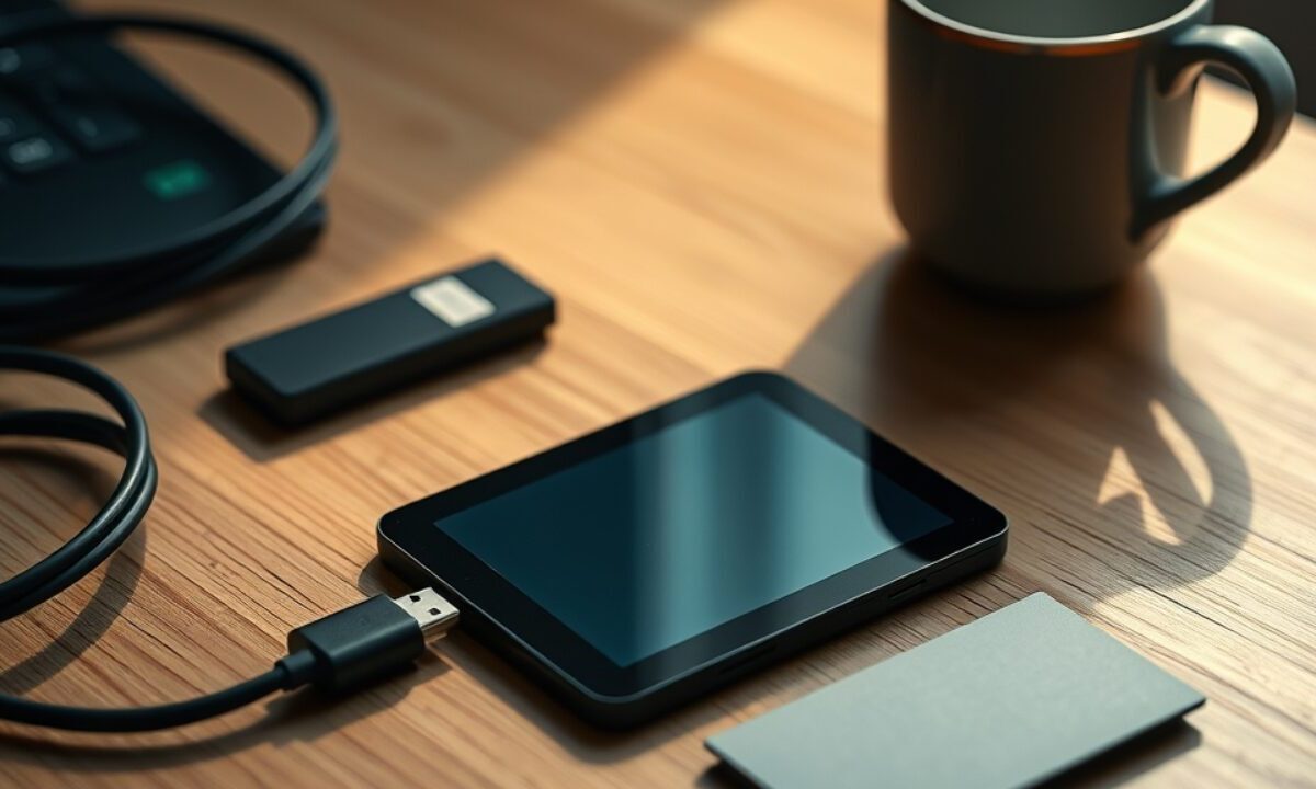 Ledger Nano Gen5 : avis, écran tactile, limites et pour qui 1 Ledger Nano Gen5 à écran E Ink posé sur un bureau avec un câble USB-C et une carte de récupération