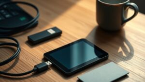Ledger Nano Gen5 : avis, écran tactile, limites et pour qui 8 Ledger Nano Gen5 à écran E Ink posé sur un bureau avec un câble USB-C et une carte de récupération