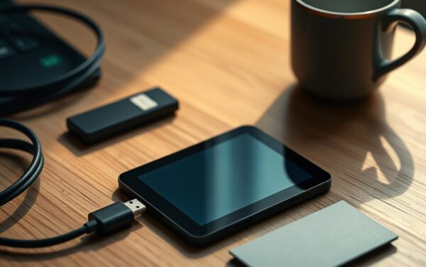 Ledger Nano Gen5 à écran E Ink posé sur un bureau avec un câble USB-C et une carte de récupération