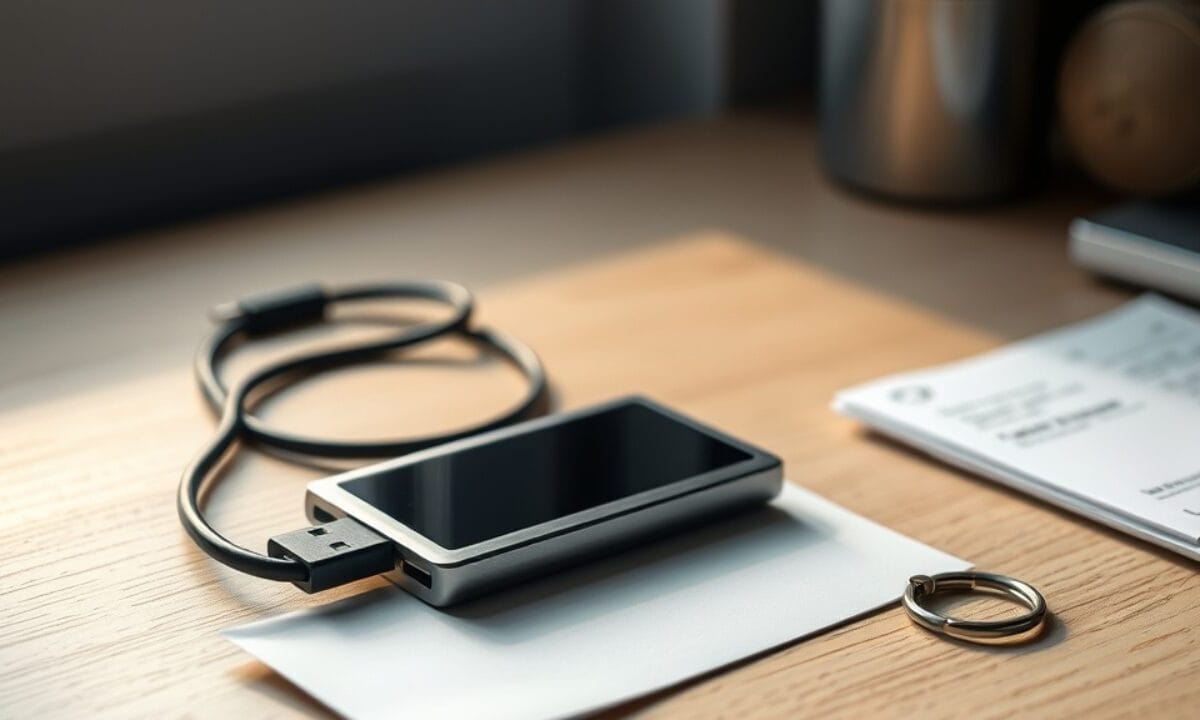 Ledger Nano S Plus : avis 2026, toujours un bon premier cold wallet ? 1 Portefeuille matériel Ledger Nano S Plus posé sur un bureau avec son câble USB-C et sa feuille de récupération
