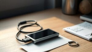 Ledger Nano S Plus : avis 2026, toujours un bon premier cold wallet ? 20 Portefeuille matériel Ledger Nano S Plus posé sur un bureau avec son câble USB-C et sa feuille de récupération