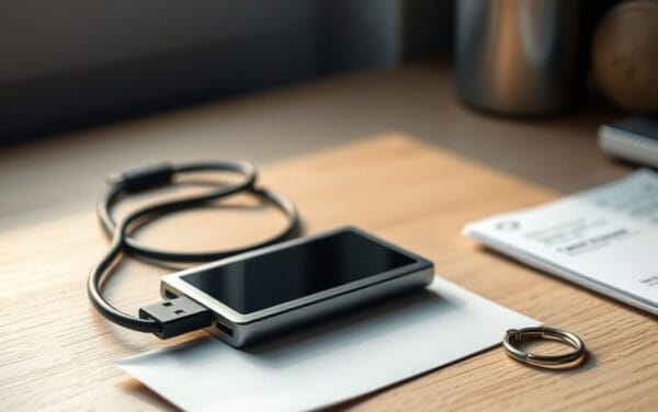 Portefeuille matériel Ledger Nano S Plus posé sur un bureau avec son câble USB-C et sa feuille de récupération