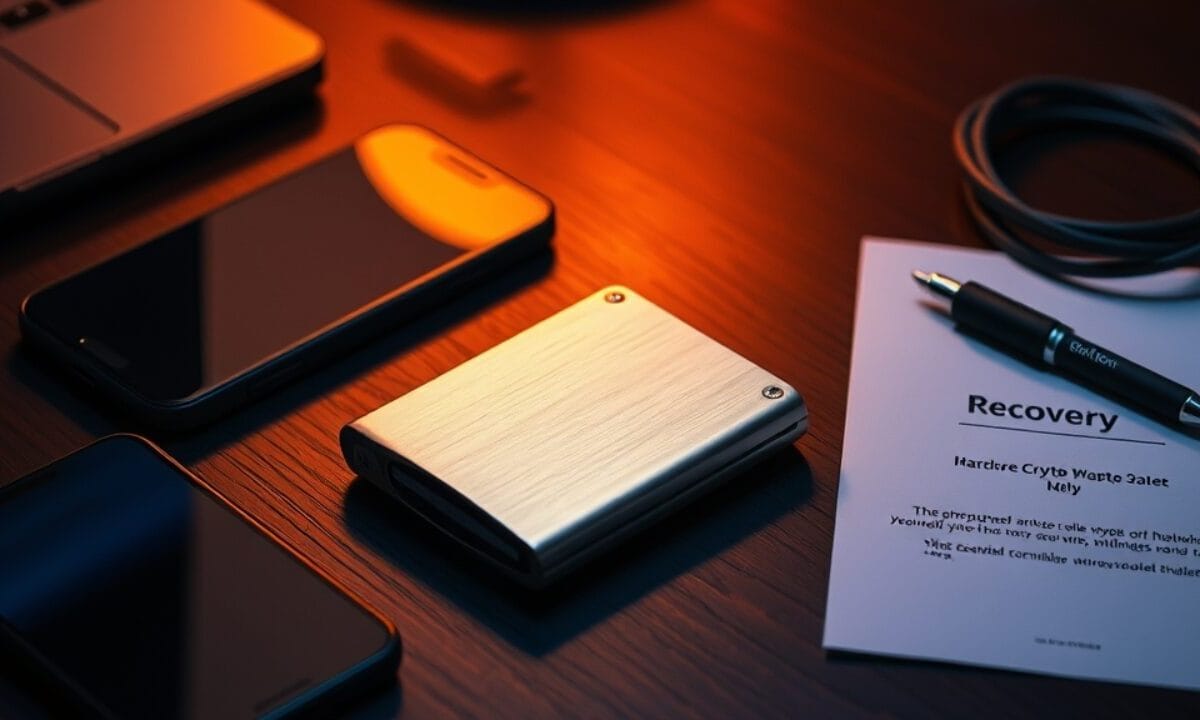Ledger Nano X : avis 2026, reste-t-il un bon choix face au Gen5 ? 1 Portefeuille matériel crypto en acier brossé posé sur un bureau, près d'un smartphone et d'un câble USB-C