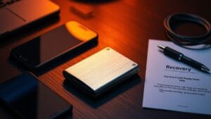 Portefeuille matériel crypto en acier brossé posé sur un bureau, près d'un smartphone et d'un câble USB-C