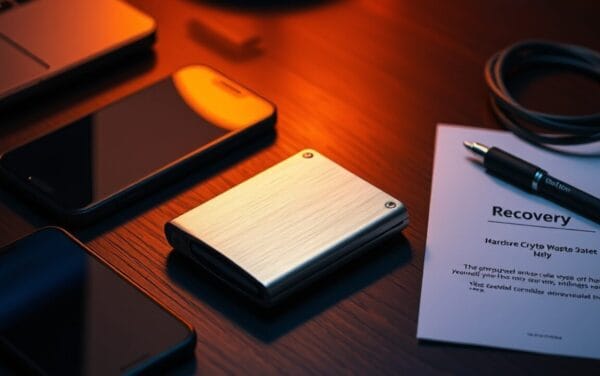 Portefeuille matériel crypto en acier brossé posé sur un bureau, près d'un smartphone et d'un câble USB-C