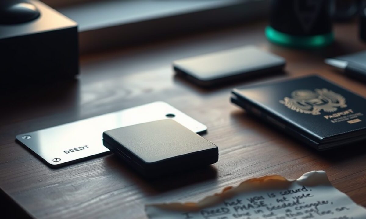 Appareil Ledger posé à côté d'une plaque métallique de sauvegarde et d'un passeport