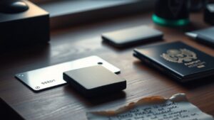 Ledger Recover : faut-il confier sa phrase de 24 mots à des tiers ? 6 Appareil Ledger posé à côté d'une plaque métallique de sauvegarde et d'un passeport