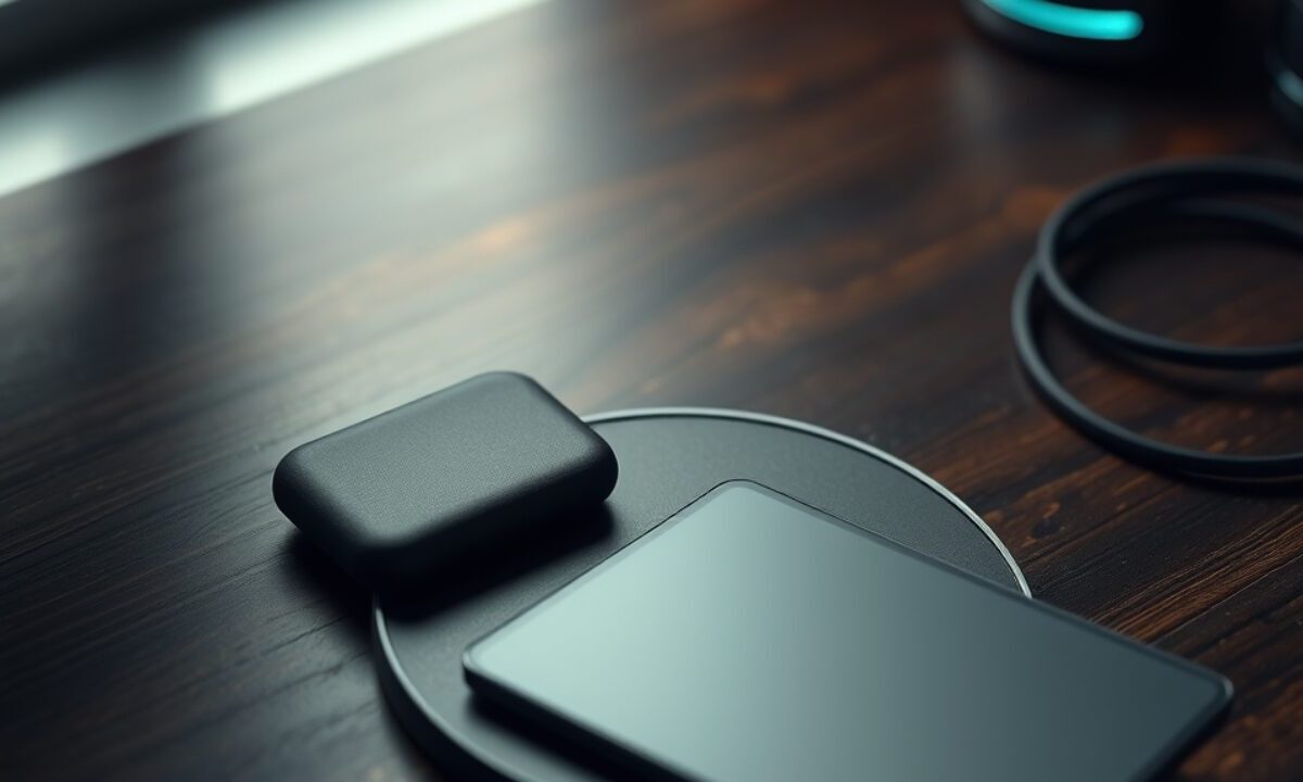 Ledger Stax posé sur un chargeur sans fil, avec son étui Magnet Shell et un câble USB-C