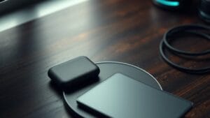 Ledger Stax : avis, sécurité réelle face au Flex et au Nano, limites 13 Ledger Stax posé sur un chargeur sans fil, avec son étui Magnet Shell et un câble USB-C