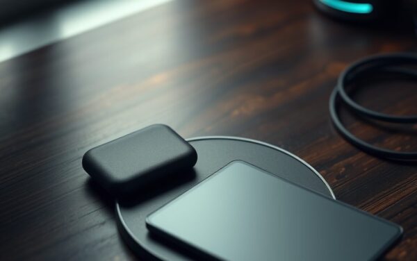 Ledger Stax posé sur un chargeur sans fil, avec son étui Magnet Shell et un câble USB-C
